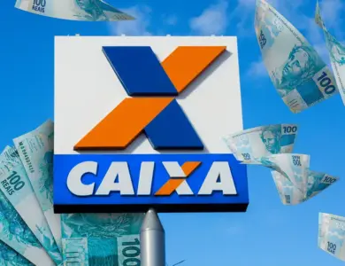 Imagem destaca a logomarca da Caixa Econômica Federal em primeiro plano, com cédulas de dinheiro ao fundo, simbolizando a liberação de valores sociais e pagamentos realizados em fevereiro de 2026 para famílias que atendem aos critérios do programa.