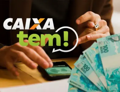 Imagem ilustrativa do aplicativo Caixa Tem em um celular ao lado de notas de dinheiro, representando o pagamento do Bolsa Família realizado pela Caixa Econômica Federal. O benefício mínimo de R$ 600 começa a ser depositado em março seguindo o calendário baseado no número final do NIS.