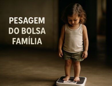 Criança pequena em pé sobre balança representando a pesagem obrigatória do Bolsa Família convocada pelas prefeituras