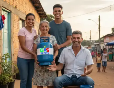 Quatro pessoas de gerações diferentes sorridentes seguram botijão azul com logo Gás do Povo em comunidade.
