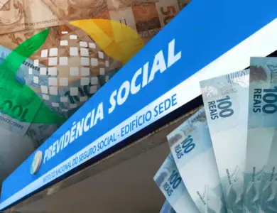 Fachada da Previdência Social com notas de dinheiro representando pagamento do 13º do INSS