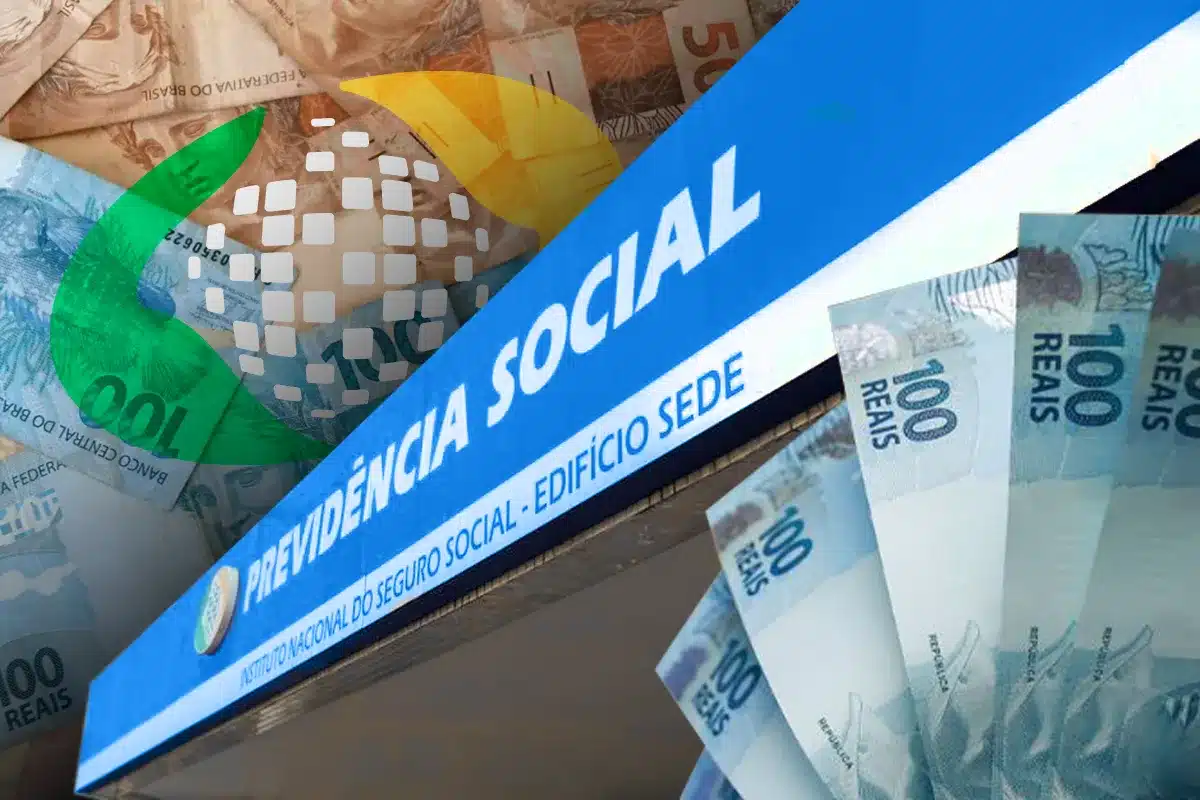 Fachada da Previdência Social com notas de dinheiro representando pagamento do 13º do INSS