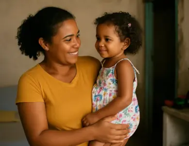 Mulher de camiseta amarela sorri segurando menina de vestido floral colorido em uma casa modesta