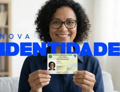 Mulher sorridente de cabelos cacheados e óculos mostra a nova CIN com CPF como identificador único.