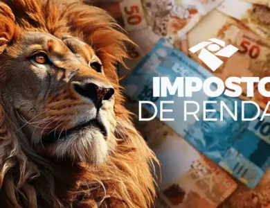 Leão ao lado de notas de dinheiro representando o Imposto de Renda