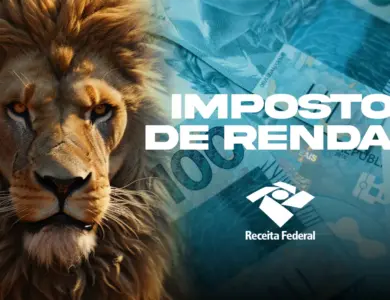Leão símbolo do Imposto de Renda com dinheiro e logo da Receita Federal