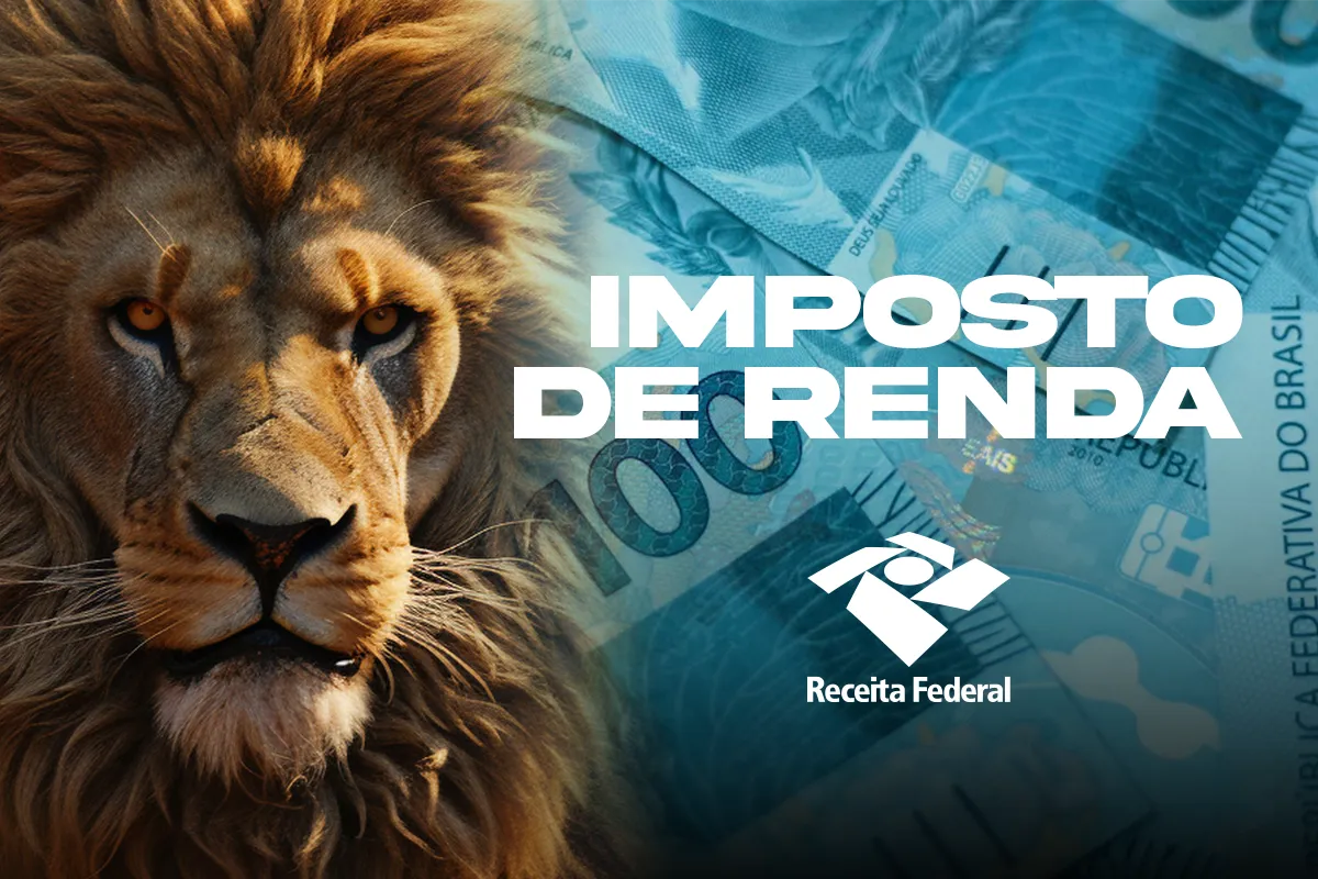 Leão símbolo do Imposto de Renda com dinheiro e logo da Receita Federal