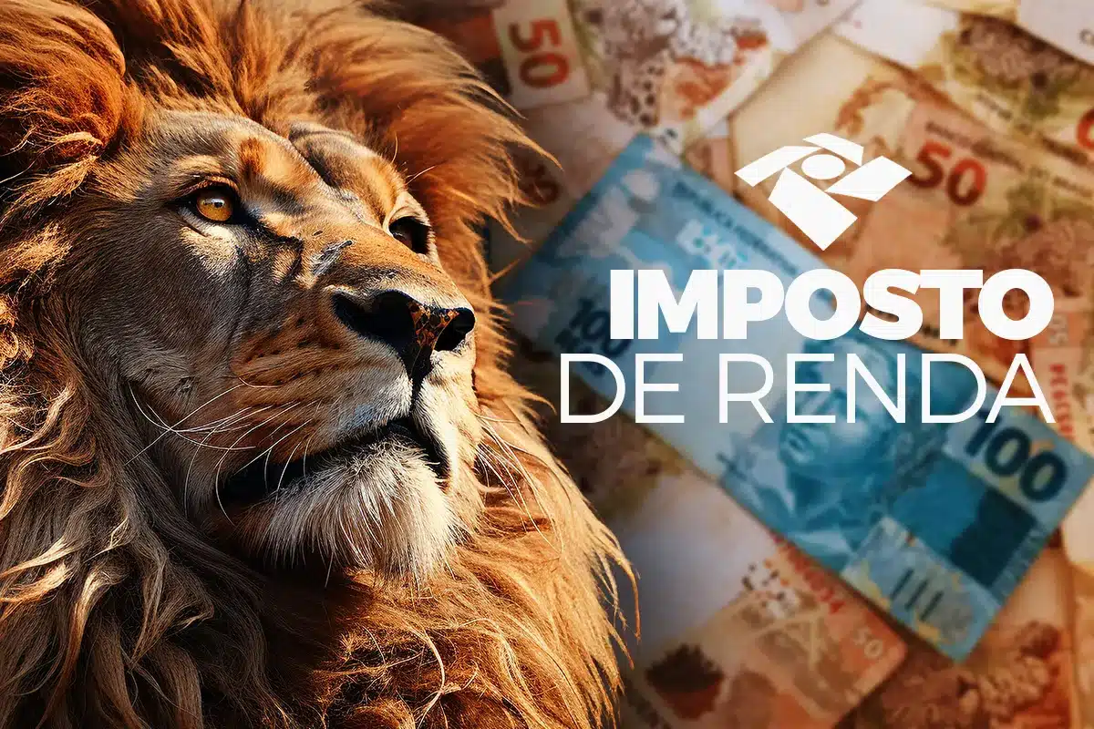 Leão de juba dourada com logotipo da Receita Federal e texto "Imposto de Renda" sobre cédulas de 50 e 100 reais.